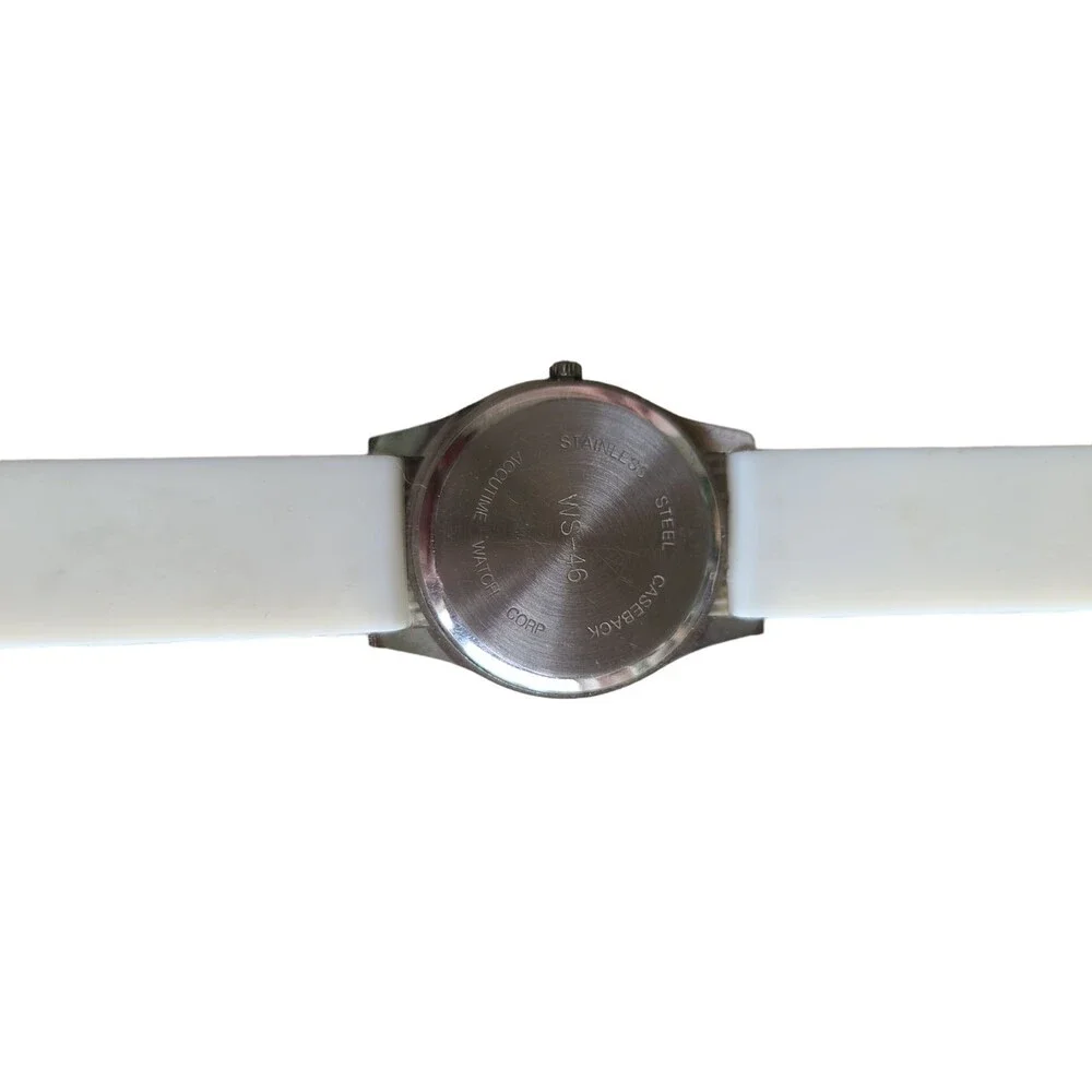 Accutime Rhinestone Silver Chrome Dial White Rubber Strap Womens Watch WORKS